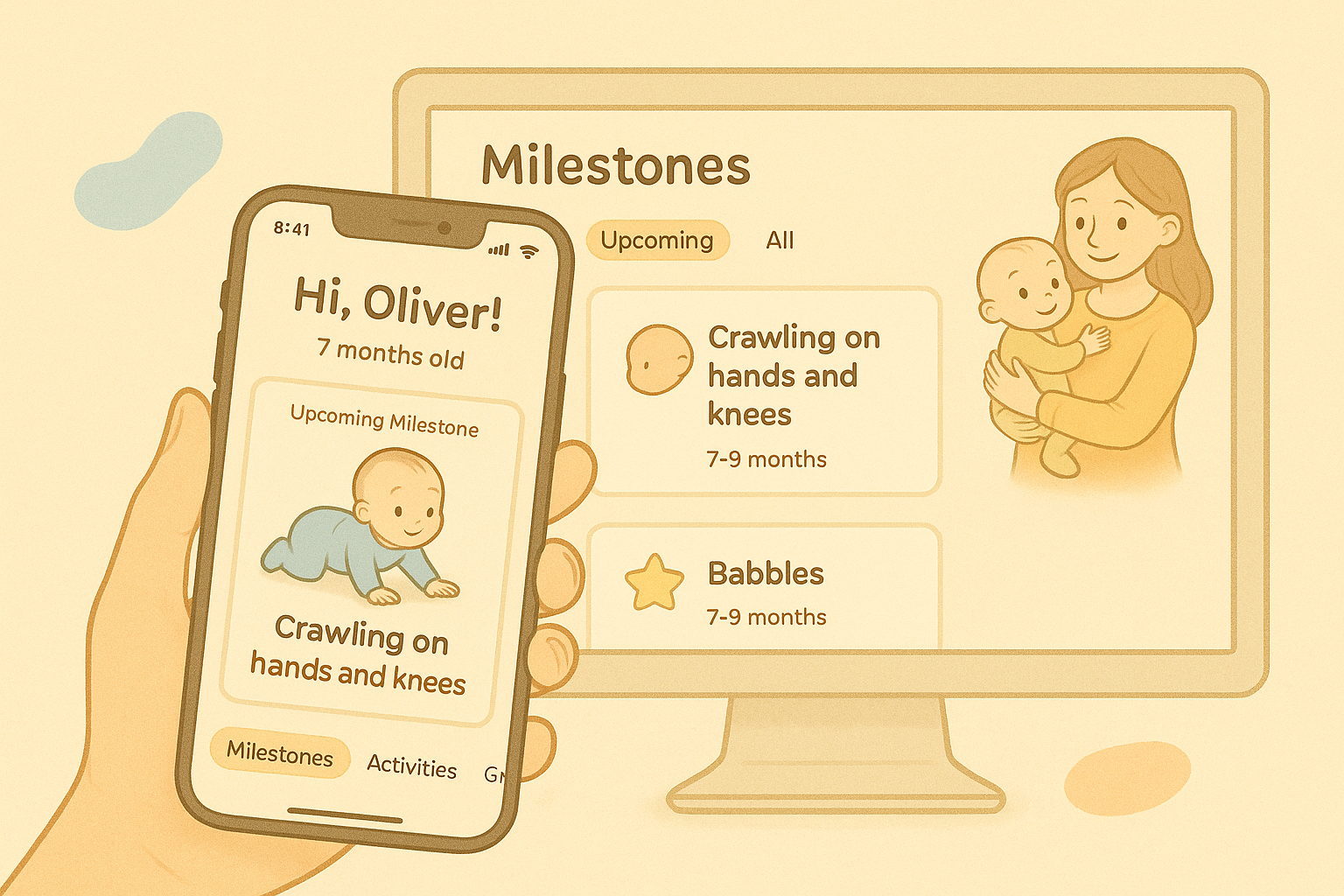 mabebe app interface showing milestones